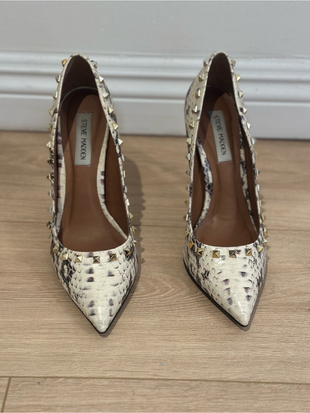 Steve Madden Ivory Snake-Print Studded Pointed-Toe Pumps